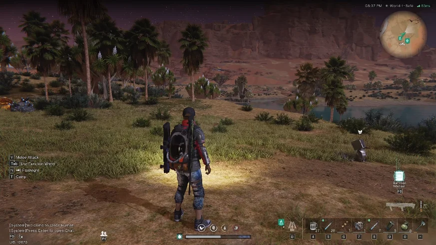 Once Human open-world survival — player with deviant backpack in oasis territory on PC